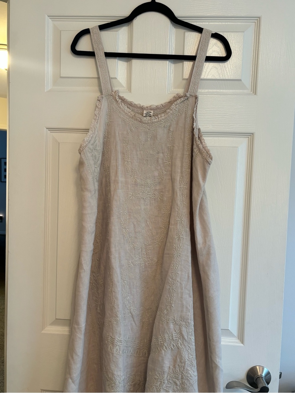 Magnolia Pearl Linen Midi Dress in Light Beige with Cream Embroidery - Picture 2 of 11